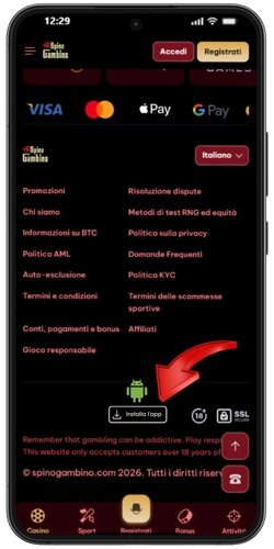Pagina Spinogambino con il pulsante installazione dell app